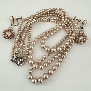 Art Deco cream color faux glass pearls necklace earrings from Simpson’s store